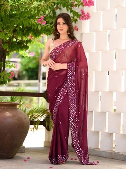 Beatitude - Purple Mirror Work Embroidered Saree with Unstitched Blouse