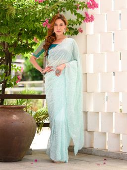 Beatitude - Blue Embroidered Sequinned Saree with Unstitched Blouse