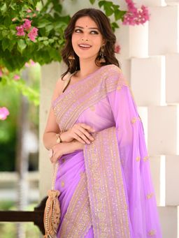 Beatitude - Lavender Zari Work Embroidered Saree with Unstitched Blouse