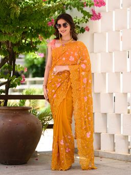 Beatitude - Mustard Cut Work Embroidered Saree with Unstitched Blouse