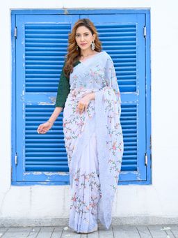 Beatitude - Blue Cut Work Embroidered Saree with Unstitched Blouse