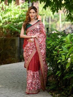 Beatitude - Maroon Embroidered Saree with Unstitched Blouse