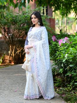Beatitude - White Embroidered Sequinned Saree with Unstitched Blouse