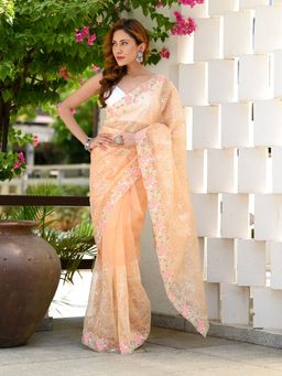 Beatitude - Orange Embroidered Sequinned Saree with Unstitched Blouse