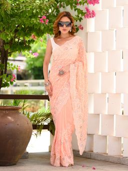 Beatitude - Peach Embroidered Sequinned Saree with Unstitched Blouse