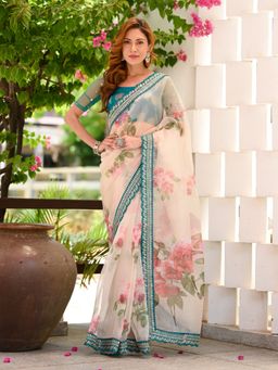 Beatitude - Cream Printed Saree with Unstitched Blouse