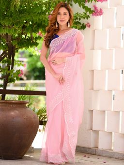 Beatitude - Pink Khatli Work Embroidered Saree with Unstitched Blouse
