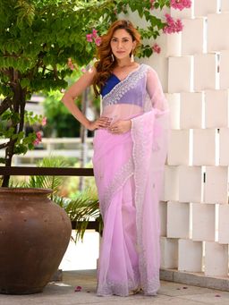 Beatitude - Lavender Khatli Work Embroidered Saree with Unstitched Blouse