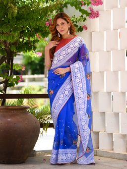 Beatitude - Blue Embroidered Saree with Unstitched Blouse