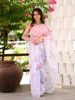 Beatitude - White Embroidered Saree with Unstitched Blouse