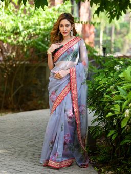 Beatitude - Blue Printed Saree with Unstitched Blouse