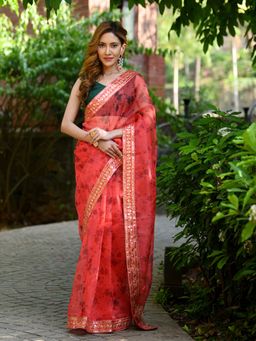 Beatitude - Red Printed Saree with Unstitched Blouse
