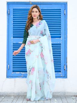 Beatitude - Blue Hand Work Printed Saree with Unstitched Blouse