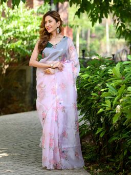 Beatitude - Pink Hand Work Printed Saree with Unstitched Blouse