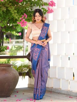 Beatitude - Navy Blue Copper Zari Weaving Banarasi Saree with Unstitched Blouse