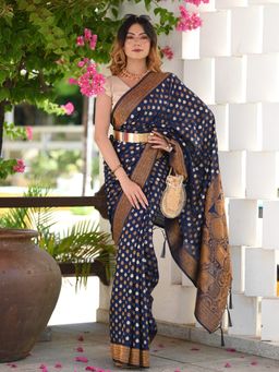 Beatitude - Navy Blue Copper Zari Weaving Banarasi Saree with Unstitched Blouse