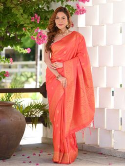 Beatitude - Orange Banarasi Saree with Unstitched Blouse
