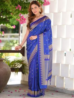 Beatitude - Blue Woven Golden Border Saree with Unstitched Blouse