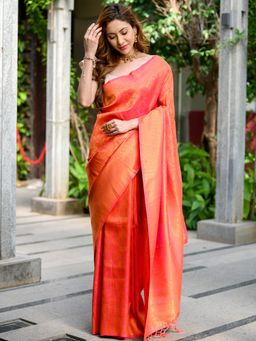 Beatitude - Orange Banarasi Saree with Unstitched Blouse