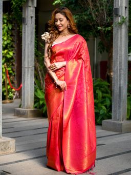 Beatitude - Pink Banarasi Saree with Unstitched Blouse