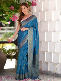 Beatitude - Blue Banarasi Saree with Unstitched Blouse