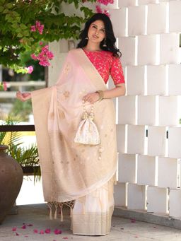 Beatitude - Beige Banarasi Saree with Unstitched Blouse
