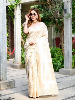 Beatitude - Off White Ikat Design Saree with Unstitched Blouse