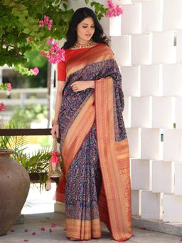 Beatitude - Blue Woven Kashmiri Design Saree with Unstitched Blouse