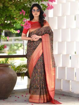 Beatitude - Black Woven Kashmiri Design Saree with Unstitched Blouse