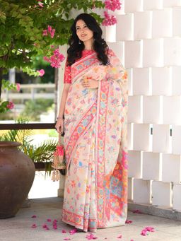Beatitude - Off White Woven Kashmiri Modal Silk Saree with Unstitched Blouse