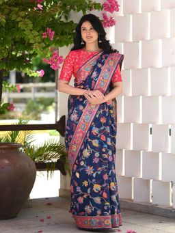 Beatitude - Navy Blue Woven Kashmiri Design Saree with Unstitched Blouse
