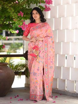 Beatitude - Pink Woven Kashmiri Design Saree with Unstitched Blouse