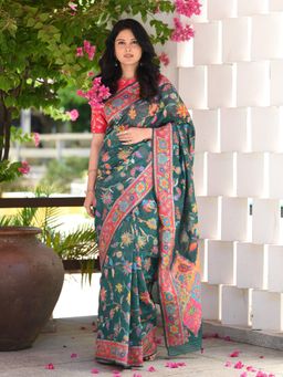 Beatitude - Green Woven Kashmiri Design Saree with Unstitched Blouse