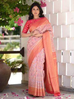 Beatitude - Pink Woven Kashmiri Design Saree with Unstitched Blouse