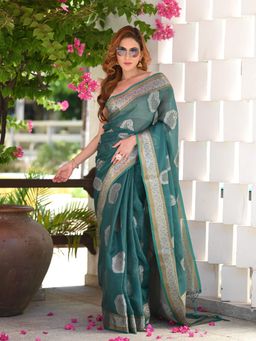 Beatitude - Green Sequinned Organza Saree with Unstitched Blouse