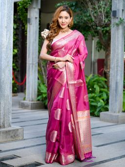 Beatitude - Pink Sequinned Organza Saree with Unstitched Blouse
