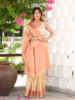 Beatitude - Beige Woven Banarasi Saree with Unstitched Blouse