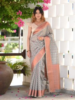 Beatitude - Grey Woven Banarasi Saree with Unstitched Blouse