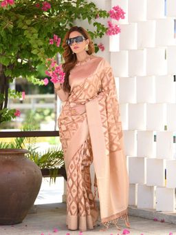 Beatitude - Brown Woven Tissue Saree with Unstitched Blouse