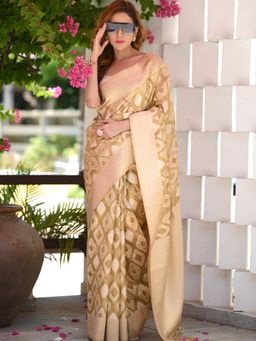 Beatitude - Beige Tissue Saree with Unstitched Blouse