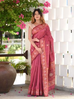 Beatitude - Pink Sequinned Woven Banarasi Saree with Unstitched Blouse