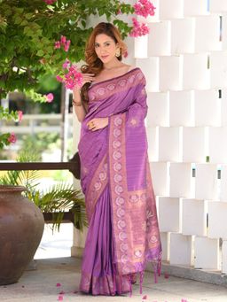 Beatitude - Purple Sequinned Tussar Silk Saree with Unstitched Blouse