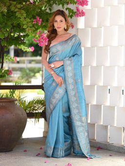 Beatitude - Blue Sequinned Tussar Silk Saree with Unstitched Blouse