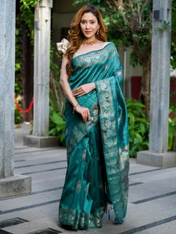 Beatitude - Green Sequinned Tussar Silk Saree with Unstitched Blouse