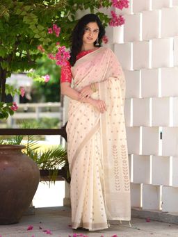 Beatitude - Off White Woven Saree with Unstitched Blouse