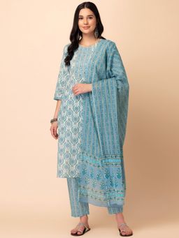 Indya - Off White & Blue Block Print Embroidered Cotton Kurta Set (Set of 3)