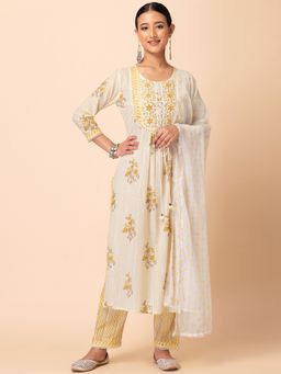 Indya - Yellow Floral Boota Print Cotton Kurta Set (Set of 3)