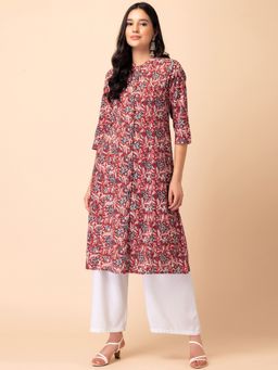 Indya - Red Floral Jaal Print Rayon Kurta