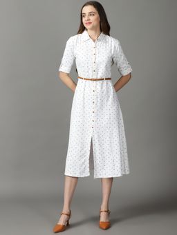 SHOWOFF - Womens Printed Shirt Collar White Midi Dress (Set of 2)