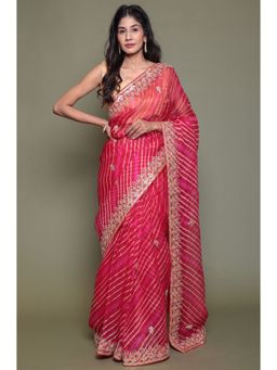 Zari Jaipur - Aari Gota Patti Kundan Pearl Sequins Red Leheriya Organza Saree with Unstitched Blouse